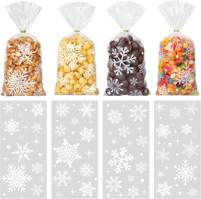 GOMANCHE 100 Pieces Christmas Snowflake Cellophane Bags, Xmas Snowflake Clear Candy Bags with Metallic Twist Ties for Winter Christmas Party Snowflakes Birthday Supplies - Image 1